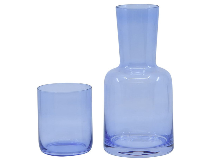 A drink bottle and tumbler set in light blue glass, featuring a sleek design and a branded logo.