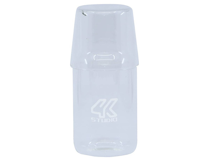 A glass carafe with a clear finish and a matching tumbler, featuring a logo.