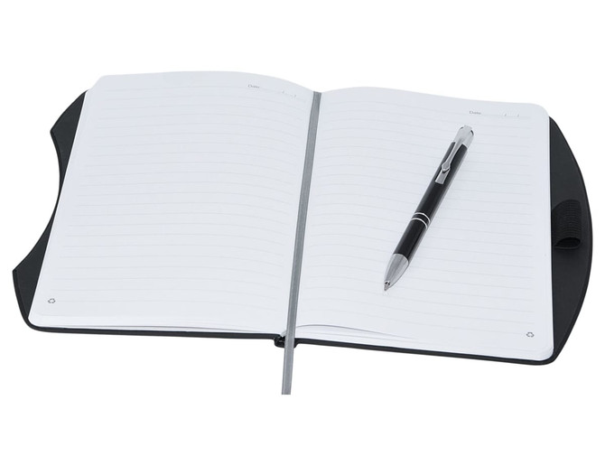 A black rPET A5 notebook with lined pages and a silver pen resting on it. The notebook features a logo.