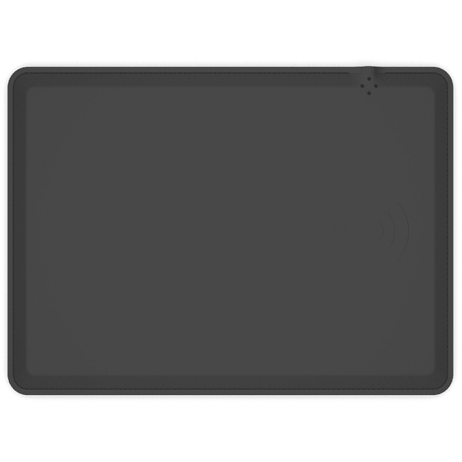 A wireless charging mouse pad in a sleek black design, featuring an integrated wireless charging symbol.