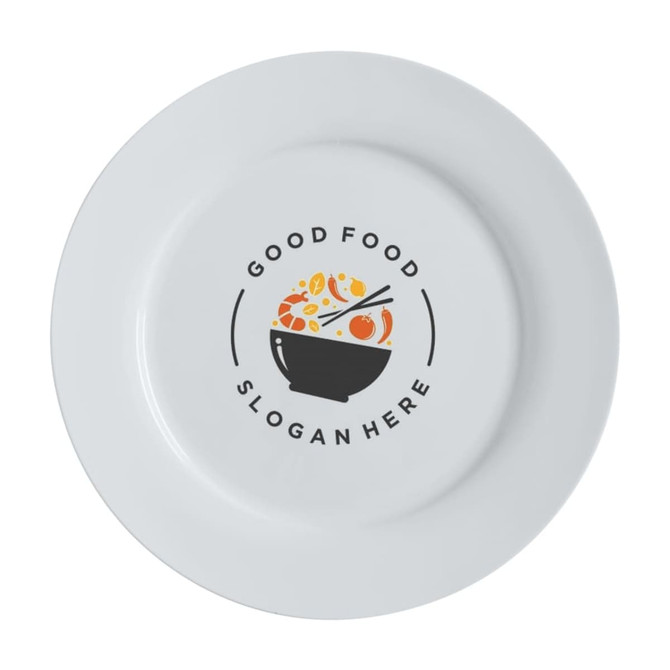 A white rim dinner plate featuring a bowl illustration and text design in the centre. The plate measures 27.5cm in diameter.