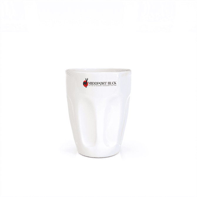 A white latte cup with a smooth finish and a logo on the front. Suitable for coffee beverages.