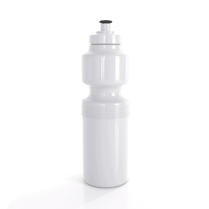 A drink bottle in a sleek white design, featuring a black cap and a ridged section for grip.