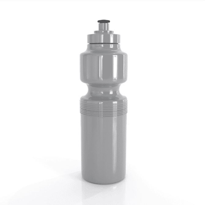 A drink bottle in grey, featuring a sleek design and a top nozzle, with a branding logo. Holds 750ml.