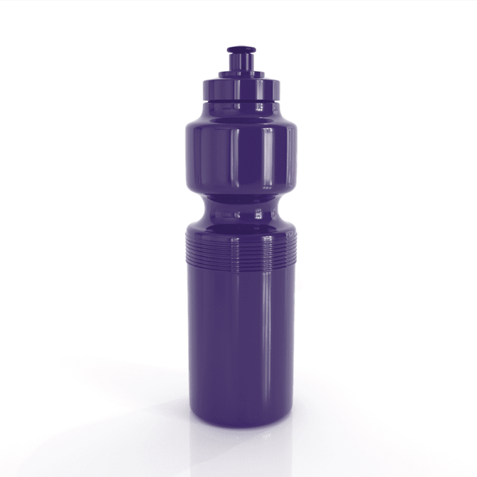 A drink bottle in a vibrant purple colour with a unique shape and a small dispensing spout, featuring a logo.