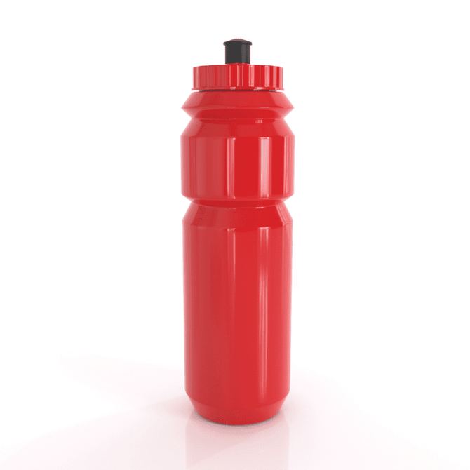 A drink bottle in bright red, featuring a textured grip and a black cap, with a logo on the side.