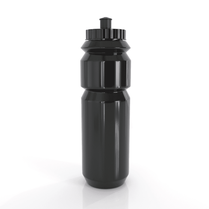 A drink bottle in sleek black, featuring a twist-off lid and textured grip. Includes a logo design.