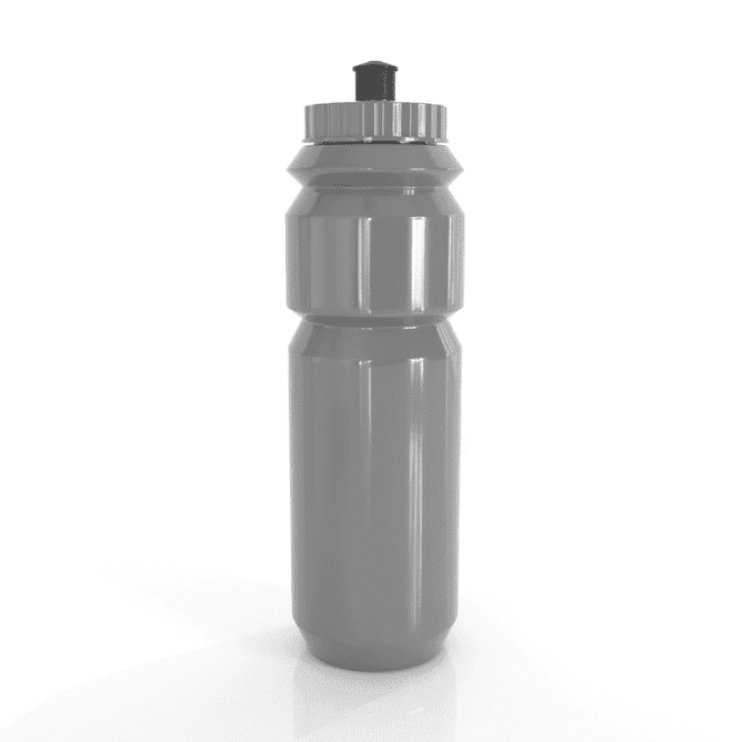 A drink bottle in grey, featuring a sports top and a contoured design for easy grip.