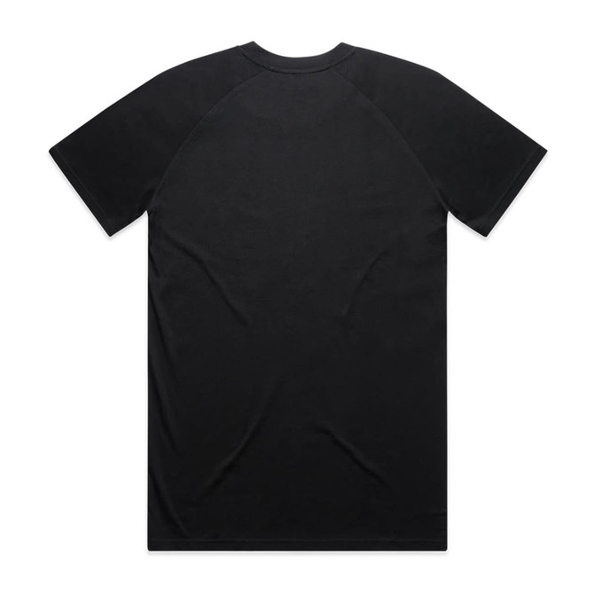 A black raglan tee featuring a simple design and a logo on the back.