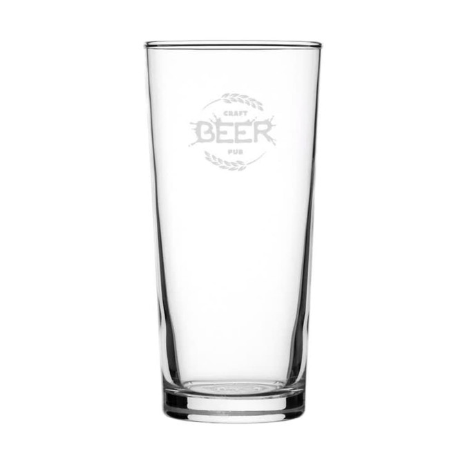 A glass beer tumbler with a clear finish and a logo, designed for beverage enjoyment.
