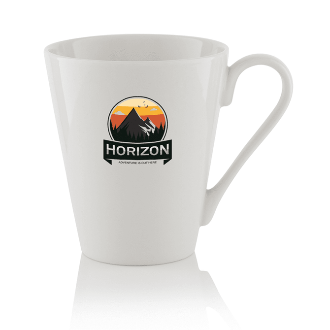 A white latte mug with a tapered design and a logo featuring a mountain scene in vibrant orange and black.