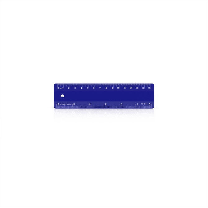 A 15cm blue ruler with clear measurement markings and a logo.