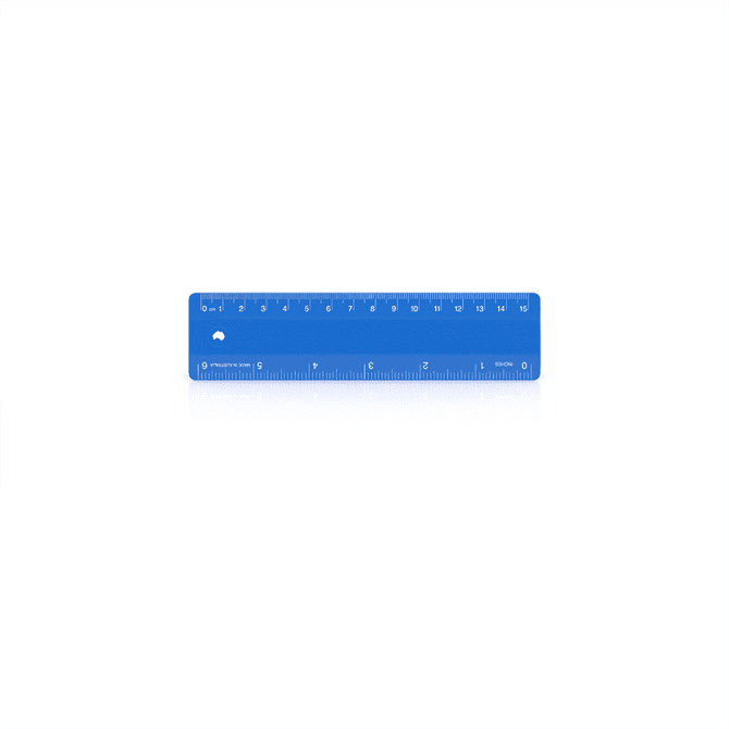 A blue 15cm ruler with measurement markings in centimetres and inches. It features a logo on one side.