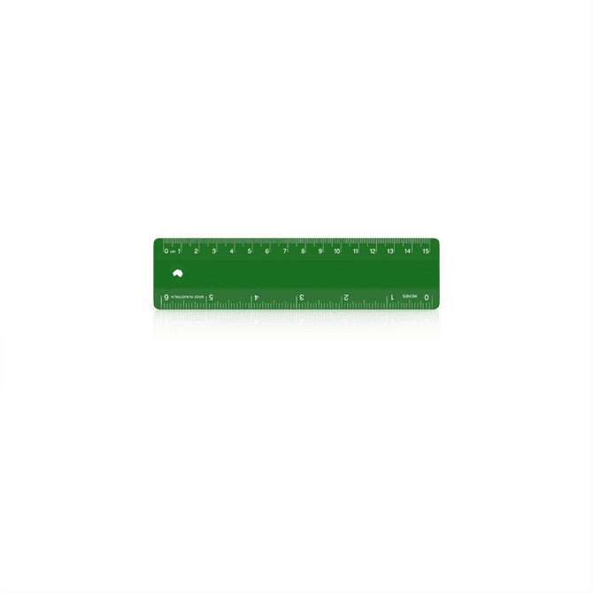 A green 15cm plastic ruler with clear measurements marked along its edge. It has a logo on one end.