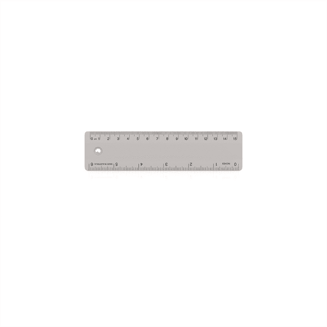 A 15cm clear plastic ruler featuring measurements in centimetres, with a hole and a small logo.
