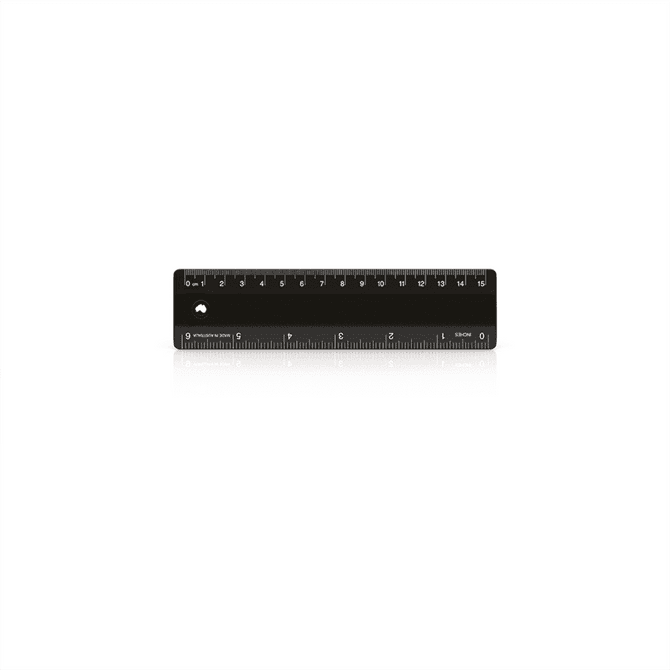 A 15cm black ruler with measurement markings, featuring a logo at one end.