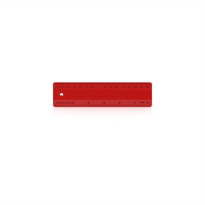 A red 15cm ruler with measurement markings and a logo on one side, suitable for office use.