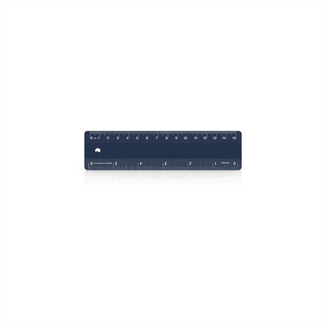 A 15cm navy blue ruler with measurement markings, featuring a small hole and a logo.