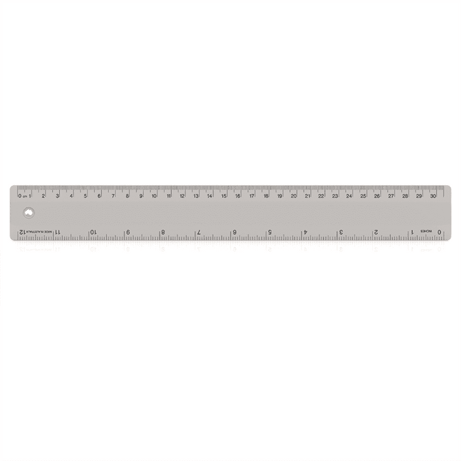 A 30cm clear plastic ruler featuring metric measurements and a hole for hanging or storage.