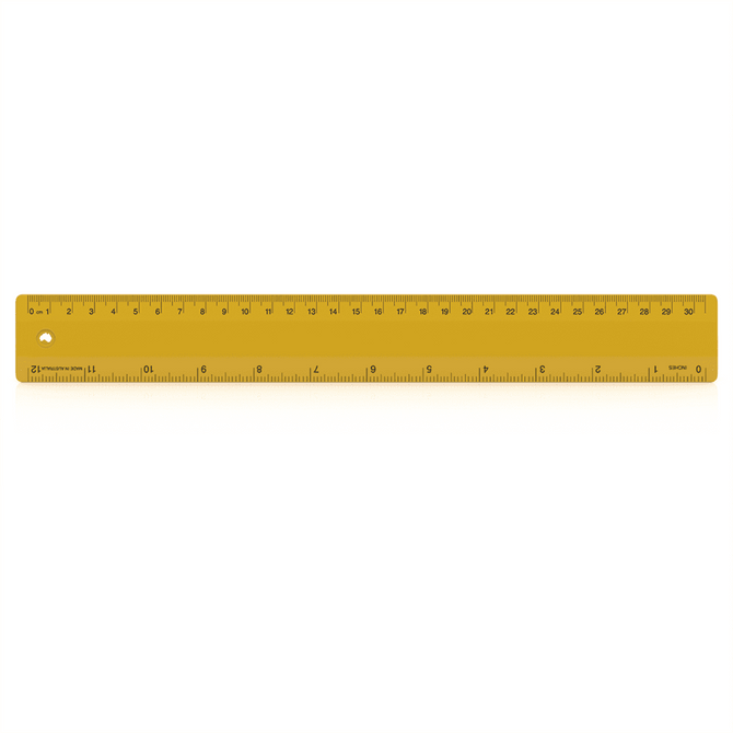 A yellow 30cm ruler with measurement markings and a hole for hanging, featuring a logo on one end.