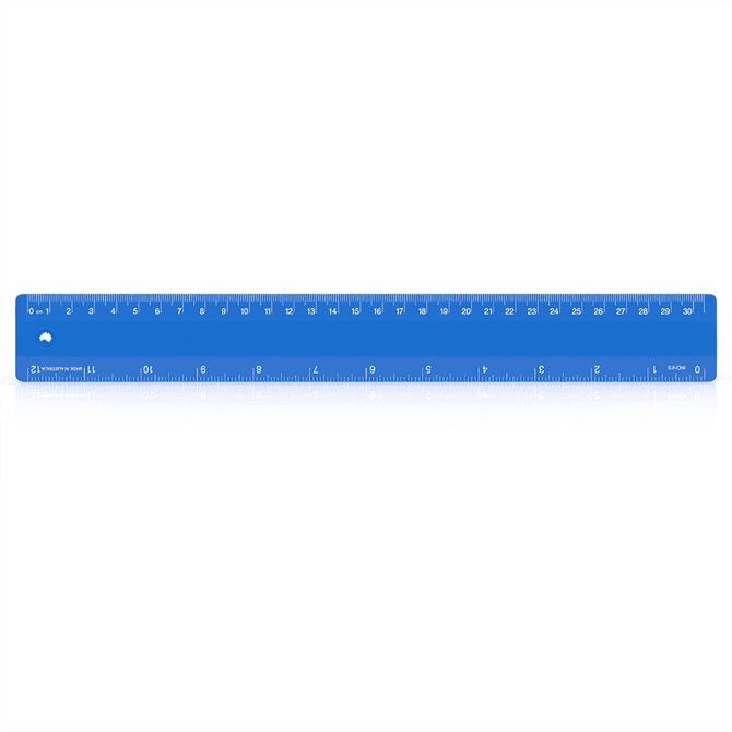 A 30cm blue plastic ruler with measurements clearly marked and featuring a logo.