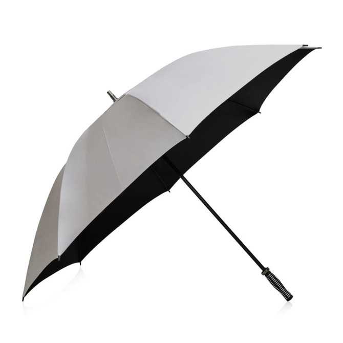 A black and grey Ariston Links Umbrella with a sleek design and a textured handle, featuring a logo.