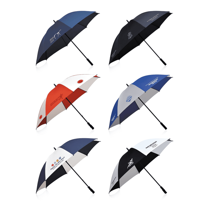 A collection of six umbrellas in various colours, featuring multiple designs and logos.