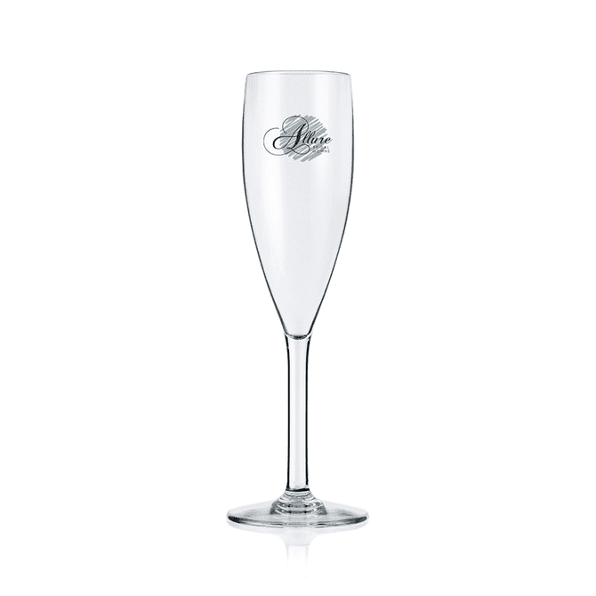 A drink bottle featuring a clear plastic flute design with a logo on its side.