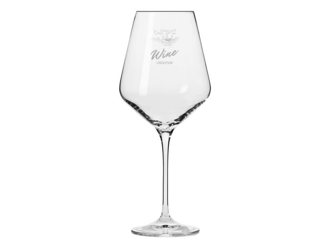 A clear, elegant wine glass with a tall stem and wide bowl, featuring a subtle logo. Perfect for wine enjoyment.