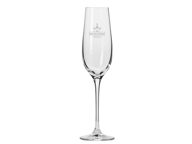 A clear glass champagne flute with a slender stem and a rounded bowl, featuring a logo.