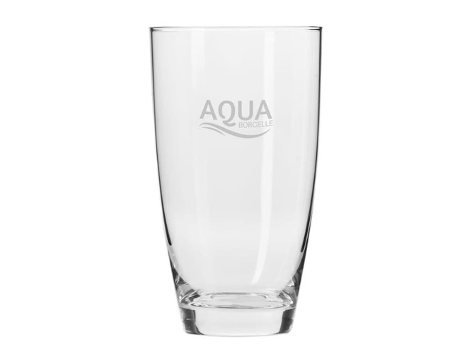 A clear glass highball tumbler featuring a subtle branding logo. Simple and elegant design.