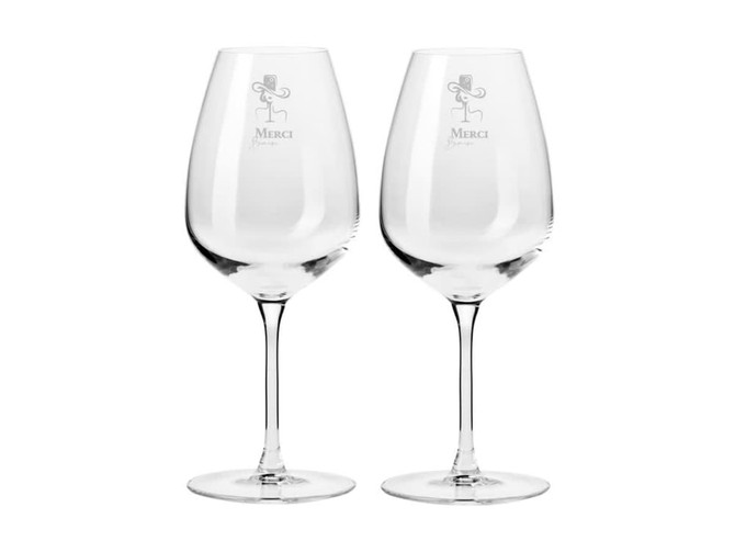 A set of two clear glass wine glasses, elegantly shaped with tall stems, featuring a logo on one glass.