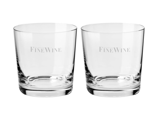 Two clear crystal whisky glasses, featuring an embossed logo, presented in a gift box.