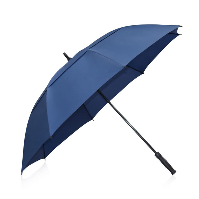 A navy umbrella with a black handle and a sleek design, featuring a branding logo.