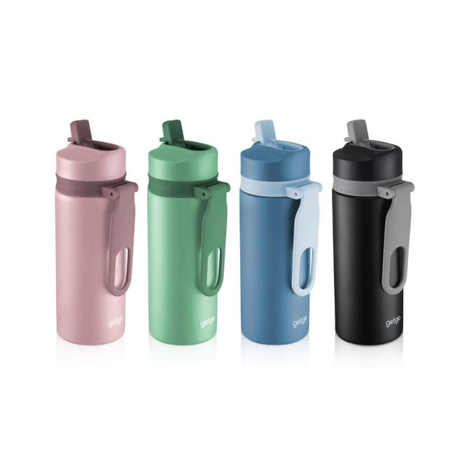 A drink bottle featuring four colours: pink, green, blue, and black, with a logo and a flip-top spout design.