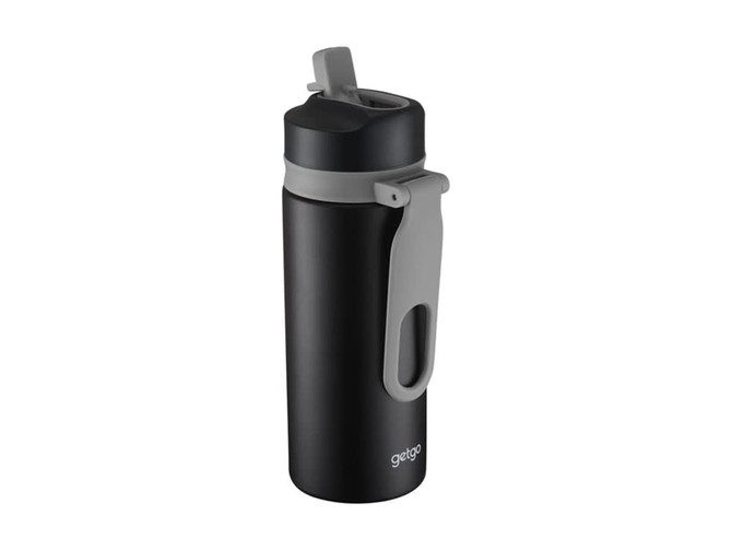 A drink bottle with a double wall design, featuring a black body, grey lid, and a handle. It has a logo.