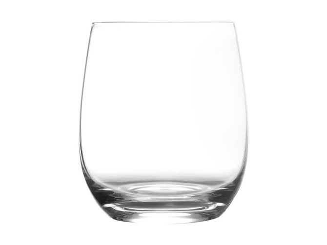 A clear, smooth glass tumbler with a rounded base, part of a set of six. Suitable for whisky and other drinks.
