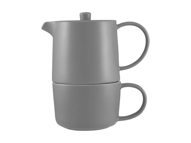 A grey ceramic tea set featuring a stacked teapot and cup, with a smooth, matte finish. Includes a logo.
