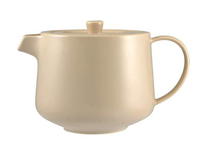 A cream-coloured teapot with a lid and handle, featuring a smooth finish. It includes an infuser and has a logo.