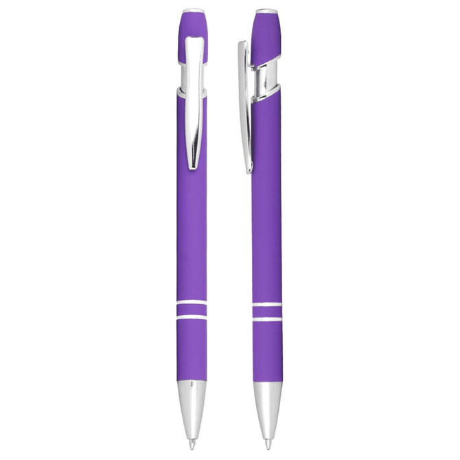 A purple ballpoint pen with a shiny silver clip and detailing, featuring a simple design and a logo.