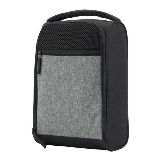 A compact black and grey travel shoe bag with a carry handle and zippered compartments. It features a mesh panel on the top.
