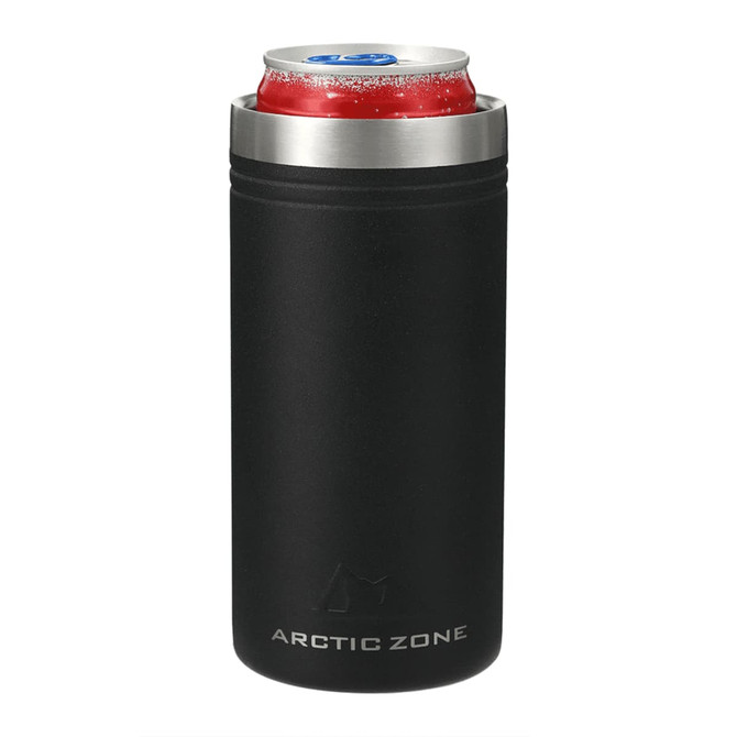 A drink bottle with a sleek black finish and stainless steel rim, designed to fit a 350ml beverage can.