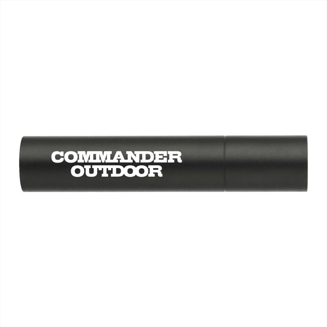 A black rechargeable flashlight with a cylindrical design, featuring a logo on the side.