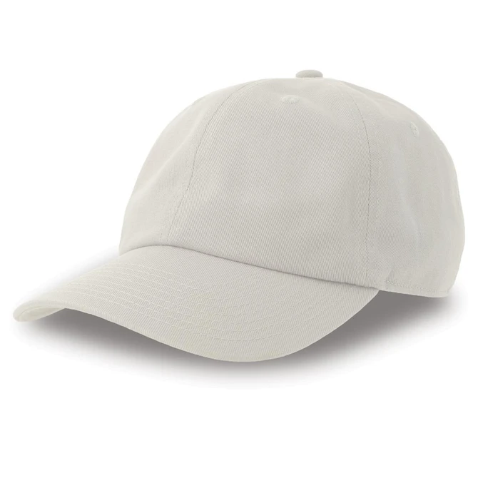 A light grey cap made from organic and recycled cotton, featuring a logo on the front.