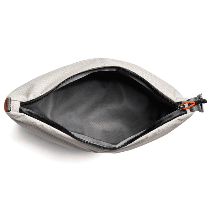 A grey cooler bag with a zipped opening, featuring a black interior and a small logo.