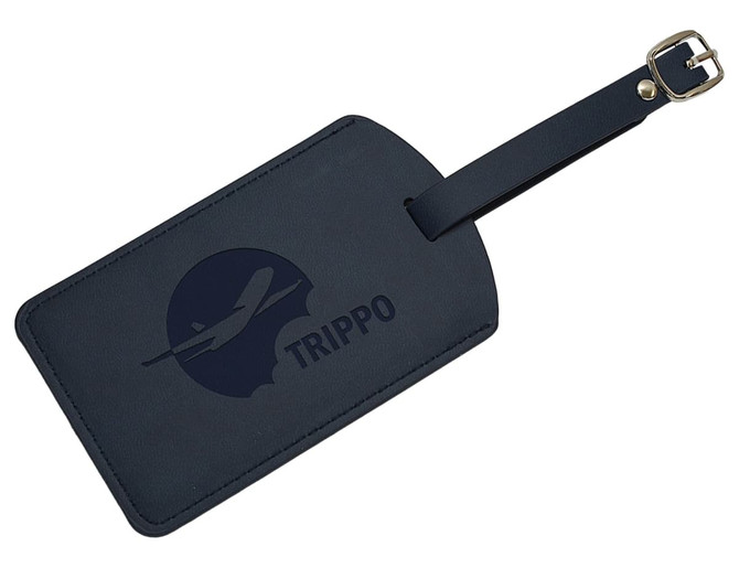 A black luggage tag featuring a logo and a buckle strap for attachment.