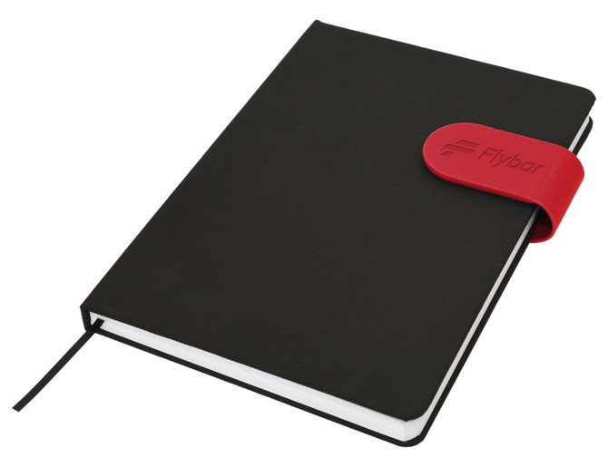 A black A5 notebook with a red elastic band closure, featuring a logo on the band.