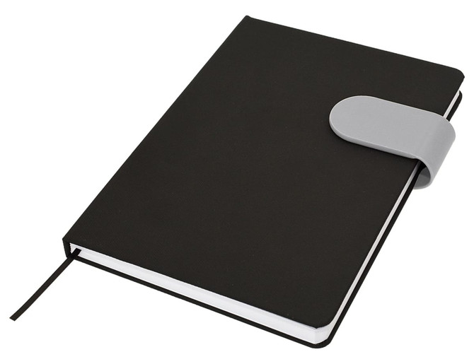 A black A5 notebook featuring a grey elastic closure, with a ribbon bookmark and blank pages.