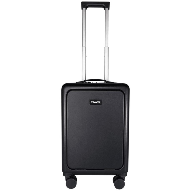 A black wheeled cabin trolley with a telescopic handle and four wheels, featuring a logo on the front.