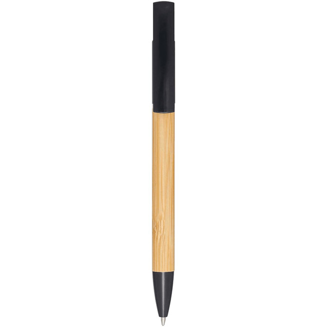 A bamboo pen with a black top and a silver tip, featuring a simple design and a logo.